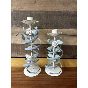 Vintage Candlestick Holder Metal Pink Roses Ribbon Midwest Imports Set Of 2